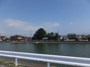 勢田川の右岸（浜郷小学校記念公園付近）から望む対岸にある牟山中臣神社