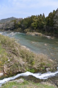 片野八柱神社の裏手を流れる川が合流する櫛田川（多気町片野付近）