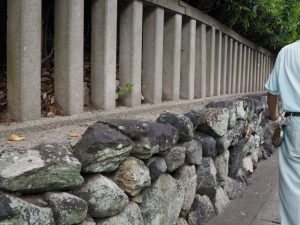 コンクリート製の柵を歪める木の力、清野井庭神社（豊受大神宮 摂社）